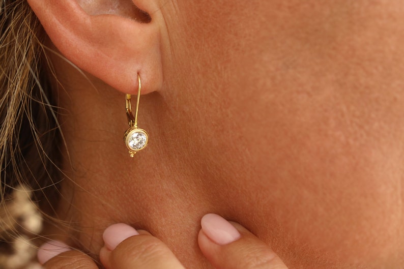 Sterling Silver cubic zirconia euro wire earrings - Lever back earrings - bridal earrings -Milgrain euro wire earrings - everyday earrings