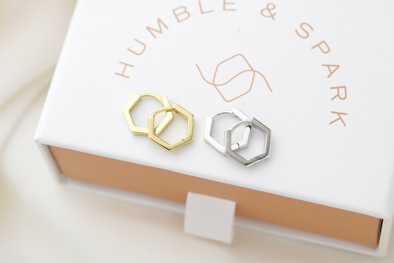 Sterling Silver Hexagon hoops - gold hexagon huggies - geometric huggies - gifts for her - everyday earrings - unique huggies - plain huggie