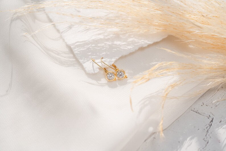 Sterling Silver cubic zirconia euro wire earrings - Lever back earrings - bridal earrings -Milgrain euro wire earrings - everyday earrings