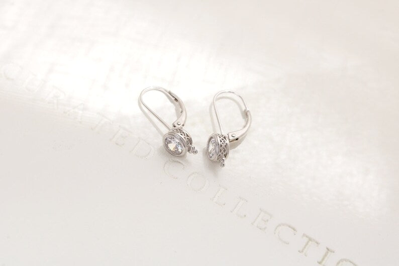 Sterling Silver cubic zirconia euro wire earrings - Lever back earrings - bridal earrings -Milgrain euro wire earrings - everyday earrings