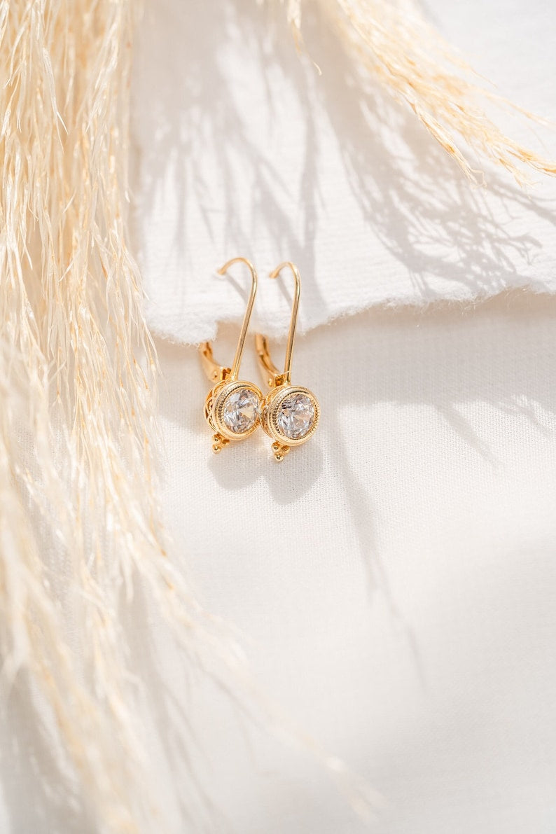 Sterling Silver cubic zirconia euro wire earrings - Lever back earrings - bridal earrings -Milgrain euro wire earrings - everyday earrings