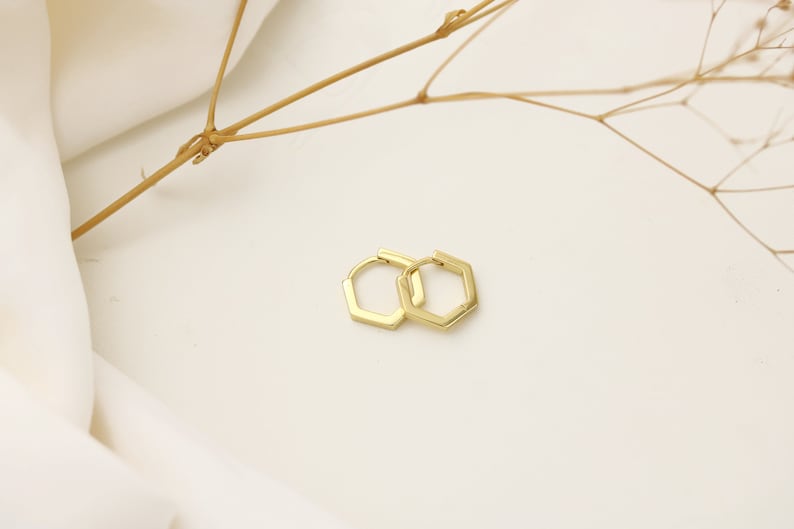 Sterling Silver Hexagon hoops - gold hexagon huggies - geometric huggies - gifts for her - everyday earrings - unique huggies - plain huggie