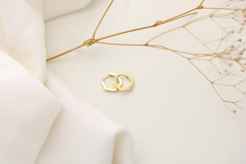 Sterling Silver Hexagon hoops - gold hexagon huggies - geometric huggies - gifts for her - everyday earrings - unique huggies - plain huggie