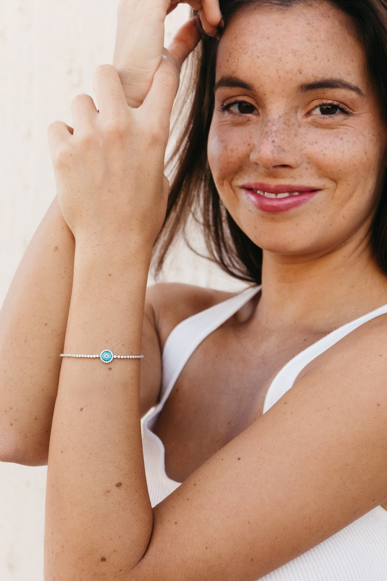 Sterling Silver tennis evil eye bracelet - single evil eye tennis bracelet - unique eye bracelet - thin tennis bracelet with evil eye - gift