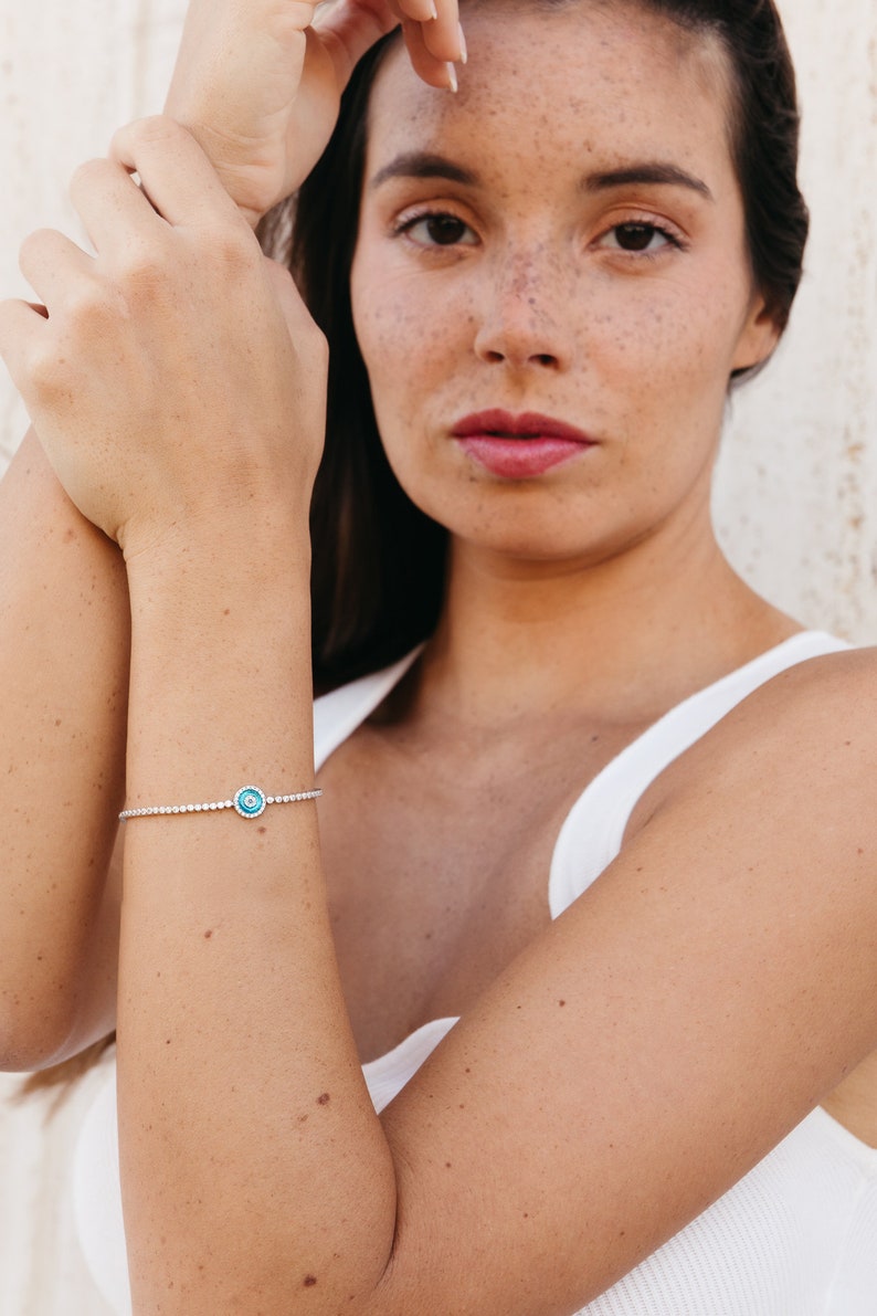 Sterling Silver tennis evil eye bracelet - single evil eye tennis bracelet - unique eye bracelet - thin tennis bracelet with evil eye - gift