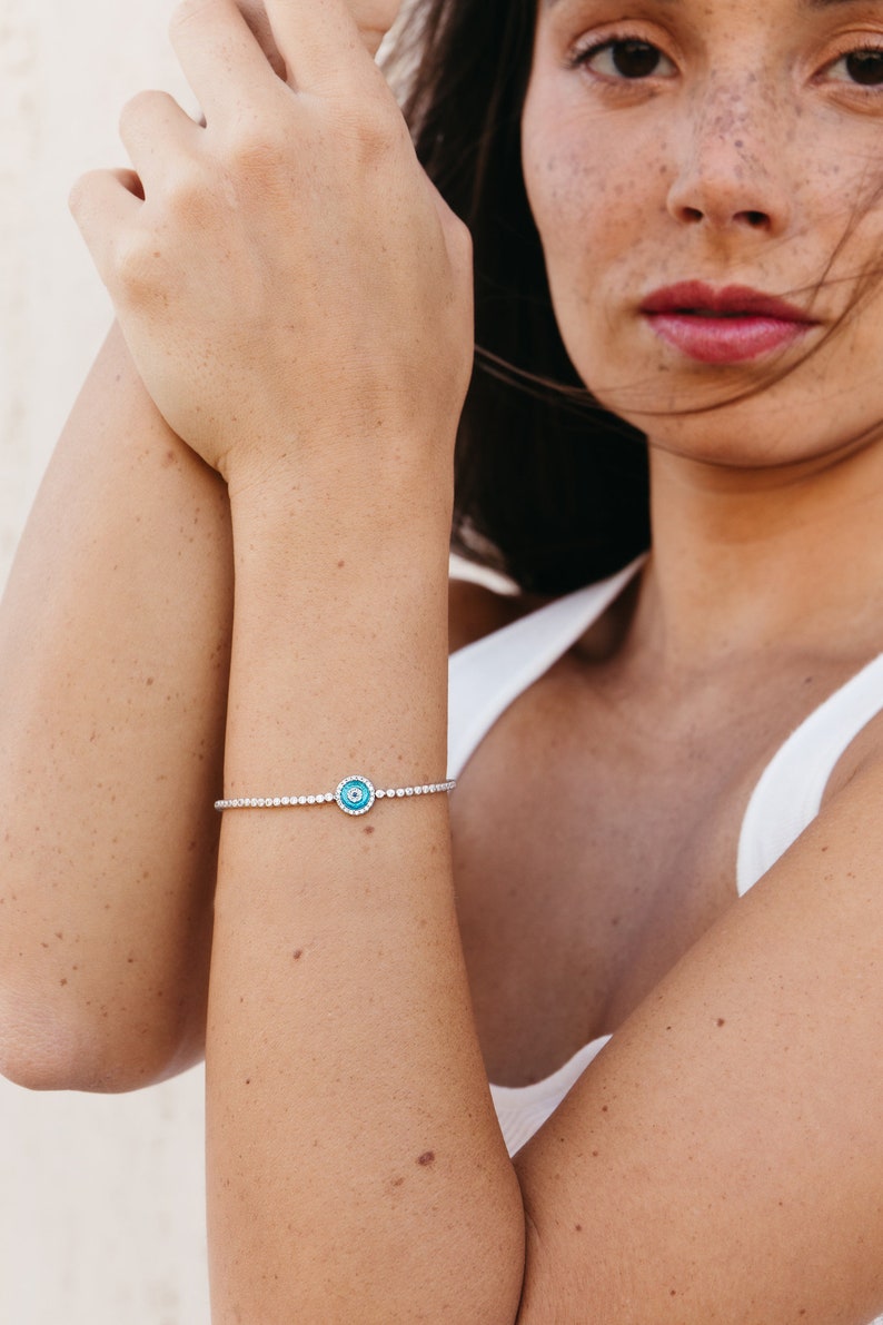 Sterling Silver tennis evil eye bracelet - single evil eye tennis bracelet - unique eye bracelet - thin tennis bracelet with evil eye - gift
