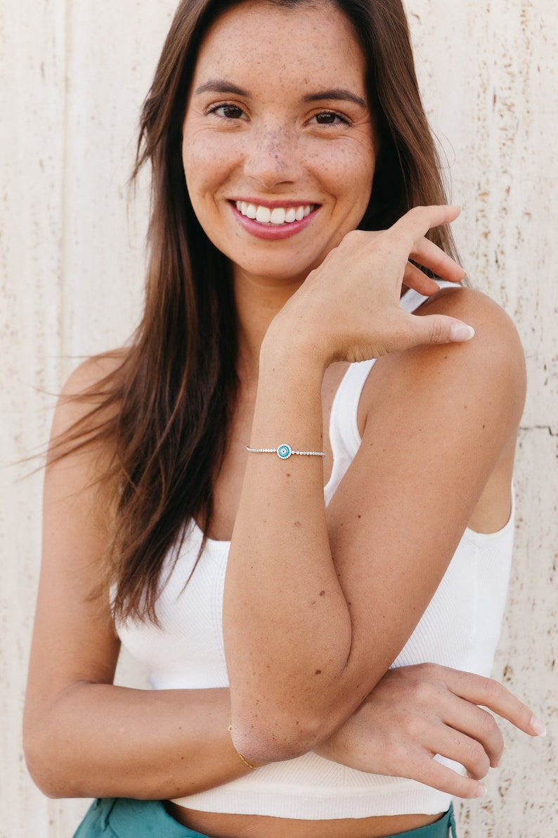 Sterling Silver tennis evil eye bracelet - single evil eye tennis bracelet - unique eye bracelet - thin tennis bracelet with evil eye - gift