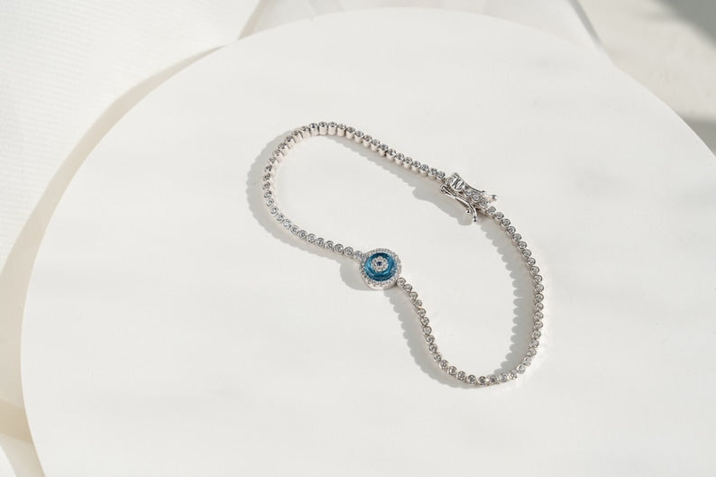 Sterling Silver tennis evil eye bracelet - single evil eye tennis bracelet - unique eye bracelet - thin tennis bracelet with evil eye - gift