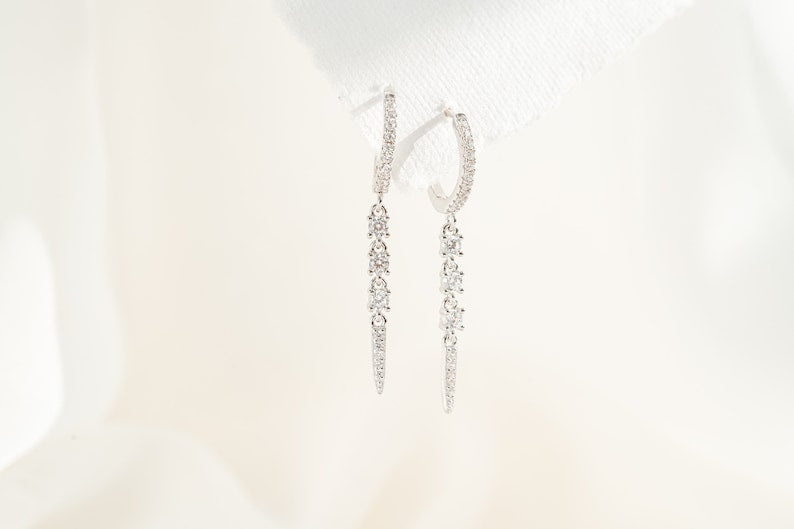 Huggies with charm - spike dangle huggies - silver charm huggies - edgy dainty earrings - gold dagger earrings - pave spike drop earrings