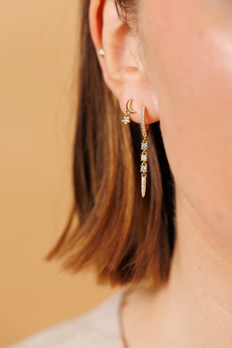 Huggies with charm - spike dangle huggies - silver charm huggies - edgy dainty earrings - gold dagger earrings - pave spike drop earrings