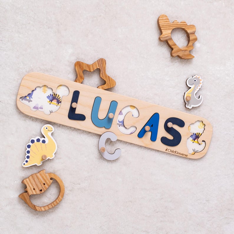 Baby Boy Name Puzzle, Personalized Gift for Baby, Dinosaur Theme Nursery, Kids Montessori Toys, Wooden Toys for Toddler, 1st Birthday Gift