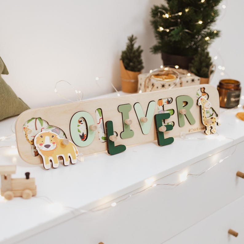 Baby Boy Name Puzzle, Personalized Gift for Baby, Dinosaur Theme Nursery, Kids Montessori Toys, Wooden Toys for Toddler, 1st Birthday Gift