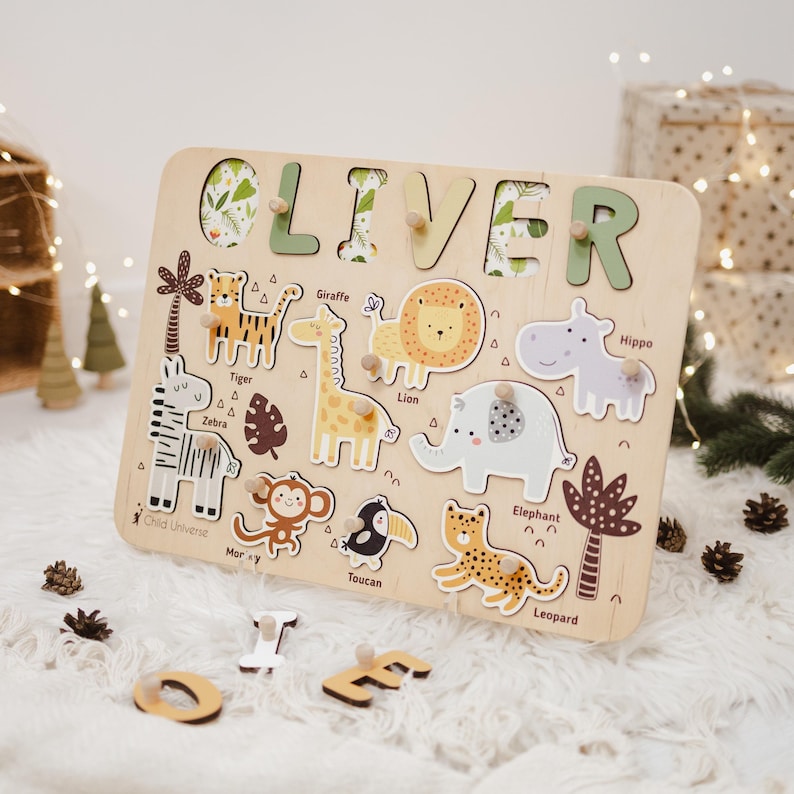 Wooden Toys for Children, Sensory Activity, Jungle Theme Nursery, Birthday Gift for Kids, Montessori Puzzle Board, Personalized Baby Gift,