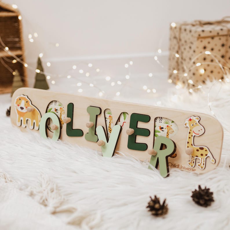 Personalized Baby Gift, 1st Birthday Gift, Jungle Baby Shower, Safari Animals Name Puzzle for Toddler Girl, Montessori Toys, Wooden Toys