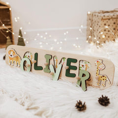 Personalized Baby Gift, 1st Birthday Gift, Jungle Baby Shower, Safari Animals Name Puzzle for Toddler Girl, Montessori Toys, Wooden Toys