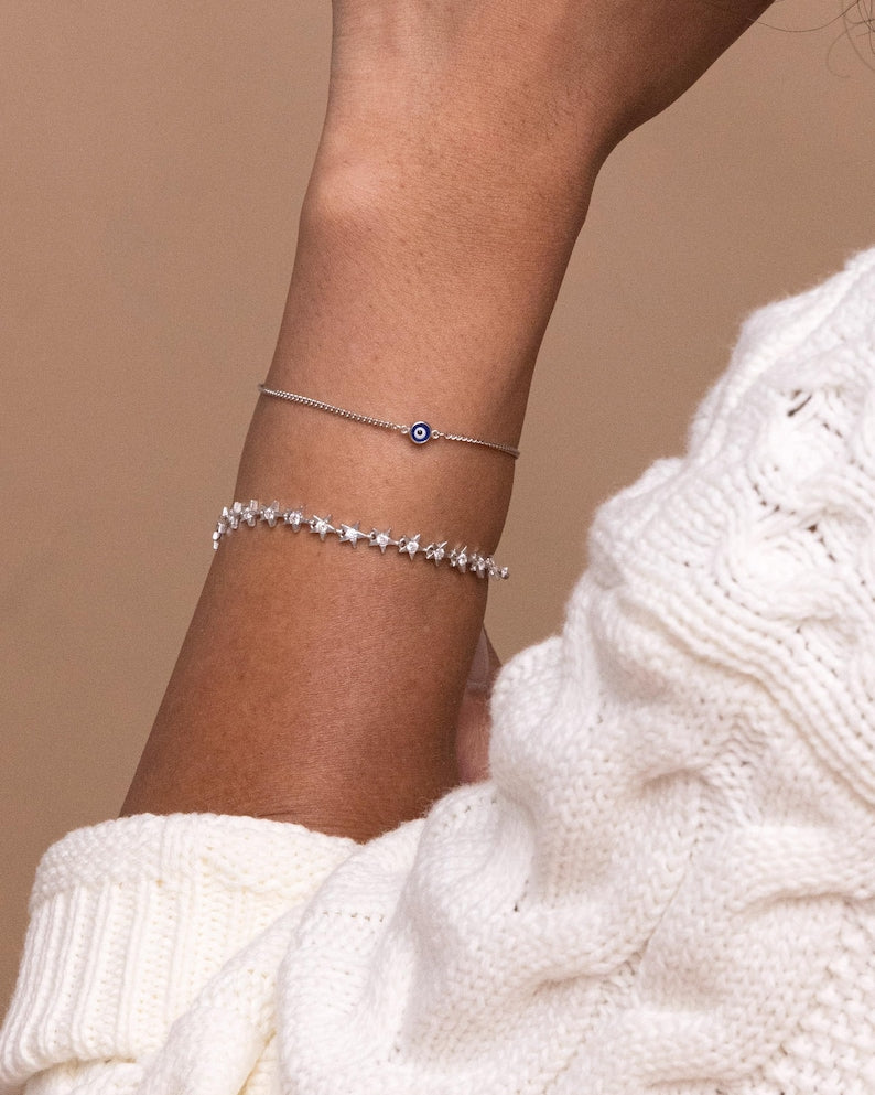 Sterling Silver / Gold eternity star bracelet - Cubic Zirconia star bracelet - unique star bracelet - stackable bracelet - silver star brace