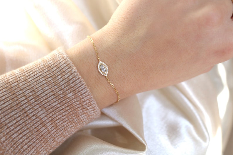 Sterling Silver / 14kt Gold plated marquise cubic zirconia eye bracelet | subtle evil eye | marquise gemstone bracelet | stackable bracelet