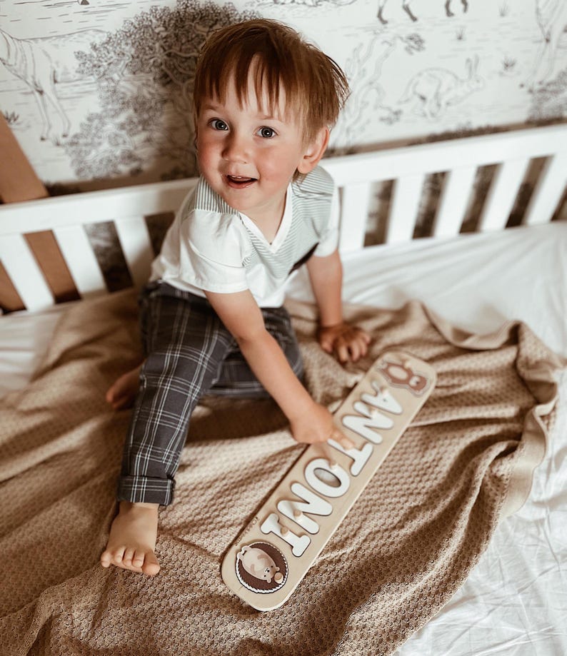 Baby Name Puzzle, Wooden Puzzle With Pegs, Personalized First Birthday Gifts for Kids, Woodland Nursery, Montessori Toys for Toddler, Child