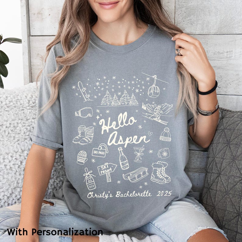 Personalized Aspen Shirt Apres Ski Shirt Ski Bachelorette Girls Ski Trip Custom Location Winter Bachelorette Martini bachelorette