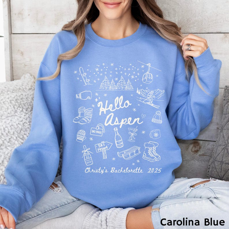 Personalized Aspen Sweatshirt Apres Ski Sweatshirt Ski Bachelorette Girls Ski Trip Apres Ski Sweater Custom Location Winter Bachelorette