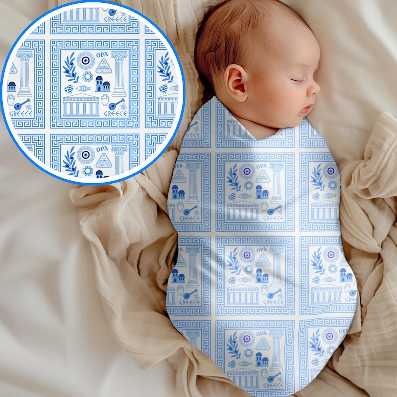 Greek Baby Swaddle Blanket Newborn Swaddle Greece Infant Blanket Greece Theme Baby Shower Gift New Mom Gift Expecting Parents Baby Reveal